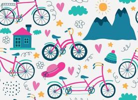 hipster doodles kleurrijk naadloos patroon met fiets tekening