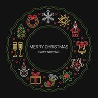 krans met kleur Kerstmis pictogrammen en kopiëren ruimte. sneeuwvlok, ster, klok, de kerstman claus, gember brood, hulst, kous, geschenk doos, sneeuwman, Kerstmis boom, lauwerkrans, Champagne glas. vector