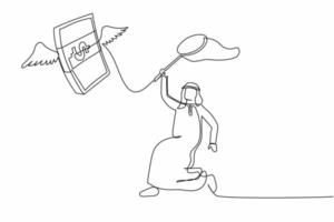 single doorlopend lijn tekening Arabisch zakenman proberen naar vangen vliegend geld stack met vlinder netto. mislukt verhogen salaris Bij kantoor. bedrijf metafoor. een lijn grafisch ontwerp vector illustratie