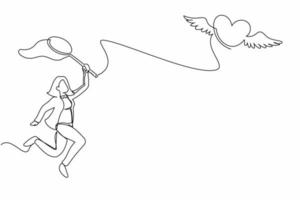 single doorlopend lijn tekening zakenvrouw proberen naar vangen vliegend hart met vlinder netto. Uitmaken concept. verhouding dat kan niet worden voortgezet. een lijn trek grafisch ontwerp vector illustratie