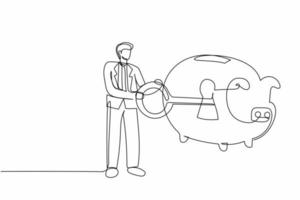 doorlopend een lijn tekening zakenman zetten groot sleutel in varkentje bank. veiligheid in besparing persoonlijk. bescherming voor financiën en bank systeem. single lijn trek ontwerp vector grafisch illustratie