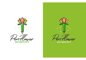 logo in de het formulier van een pen voor schrijven en een bloem. logo voor kinderen schrijfbehoeften vector