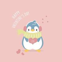 schattig en lief hand- getrokken pinguïn Holding hart ballon, gelukkig Valentijnsdag dag, liefde concept, vlak vector illustratie tekenfilm karakter kostuum ontwerp