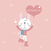 schattig en lief hand- getrokken konijn konijn Holding hart ballon en ring, gelukkig Valentijnsdag dag, liefde concept, vlak vector illustratie tekenfilm karakter kostuum ontwerp