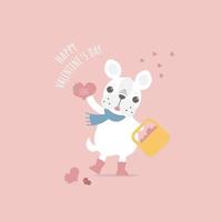 schattig en lief hand- getrokken schattig Frans bulldog mopshond Holding hart, gelukkig Valentijnsdag dag, liefde concept, vlak vector illustratie tekenfilm karakter kostuum ontwerp