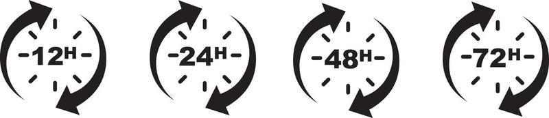 uren klokken met pijl. 12, 24, 48, 72 werk tijd pictogrammen. uur levering en onderhoud. vector