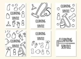 schoonmaak onderhoud folder set.reiniging Diensten. huis schoonmaak. vector illustratie. tekening stijl. schoonmaak onderhoud folder. vacuüm schoner, verstuiven en bubbels.