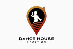 dans huis pin logo ontwerp met een creatief concept van dansen vrouw silhouet elementen gecombineerd met plaats pictogrammen. vector premie