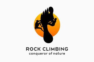 rots beklimming logo ontwerp, silhouetten van mensen beklimming kliffen en silhouetten van menselijk voetafdrukken mengen met natuur in dots vector