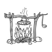 kampvuur met pot. buitenshuis voedsel voorbereidingen treffen Aan brand. vreugdevuur met ketel gravure schets vector illustratie voor kleur boek