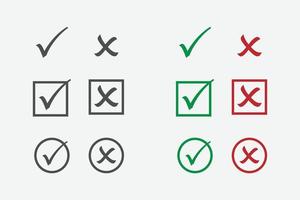 controleren en verkeerde pictogrammen. reeks vinkjes. groen vinkje, rood kruis vector