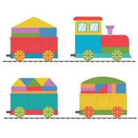 houten trein met wagons geladen met kubussen, kleur vector illustratie in vlak stijl