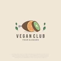 vegetarisch vlees logo ontwerp. veganistisch vlees met fruit oranje en kiwi vector ontwerp. fabriek gebaseerd vlees logotype