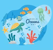 wereld oceanen dag belettering poster vector