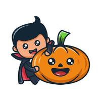 schattig dracula met spookachtig pompoen tekenfilm voor halloween vector