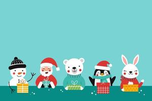 vrolijk bedrijf van kinderen dieren en de kerstman met cadeaus vector