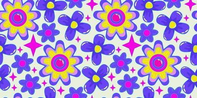 flower power retro jaren 90 naadloos patroon met madeliefje voor behangontwerp. psychedelische afdrukken. flowerpower. trendy pop-art retro bloemmotief. helder naadloos ontwerp vector