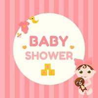 lay-out voor baby douche groet kaart met schattig kleuter karakter spelen met teddy beer zittend in tekenfilm stijl vector