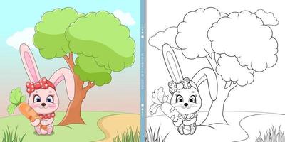 een klein konijn met een wortel zit Aan een groen weide met een boom vector