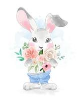 schattig konijn in broek met boeket bloemen vector