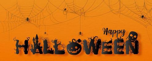 gelukkig halloween formulering ontwerp in papier besnoeiing uit stijl met zwart spin webben Aan papier patroon en oranje achtergrond. vector