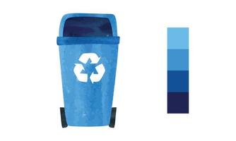 blauw recycling bak met recycle symbool, blauw kleur palet waterverf tekening geïsoleerd Aan wit achtergrond. recycle bak clip art. onzin kan vector illustratie. gemakkelijk vuilnis kan hand- getrokken tekenfilm