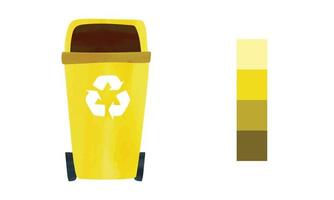 geel recycling bak met recycle symbool waterverf tekening geïsoleerd Aan wit achtergrond. recycle bak clip art. onzin kan vector illustratie. gemakkelijk vuilnis kan hand- getrokken tekenfilm