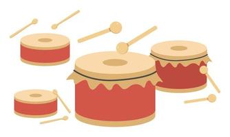 reeks van groot en klein rood trommel en houten trommel stokjes vector ontwerp. trommel vlak stijl illustratie. percussie familie musical instrument tekenfilm stijl. Chinese leeuw dans concept