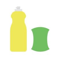 plastic fles van wasmiddel en spons clip art vector illustratie. vloeistof wasmiddel fles en schuren stootkussen voor schotel het wassen vlak stijl vector ontwerp. huiselijk en huishouden concept