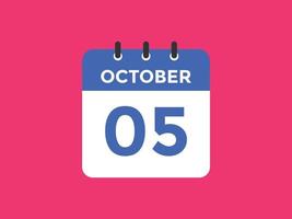 oktober 5 kalender herinnering. 5e oktober dagelijks kalender icoon sjabloon. kalender 5e oktober icoon ontwerp sjabloon. vector illustratie