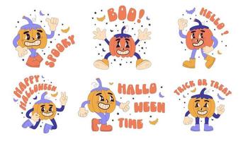 verzameling van halloween belettering met hand- getrokken vakantie pompoenen karakters. feestelijk kleurrijk inscripties. reeks van vector grappig illustraties met pompoenen in modieus retro tekenfilm stijl.