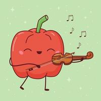 kawaii peper spelen viool. tekenfilm groente karakter Aan groen achtergrond. klassiek musical instrument. tekening vector illustratie.