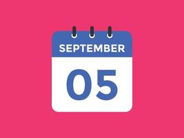 september 5 kalender herinnering. 5e september dagelijks kalender icoon sjabloon. kalender 5e september icoon ontwerp sjabloon. vector illustratie