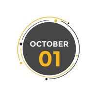 oktober 1 kalender herinnering. 1e oktober dagelijks kalender icoon sjabloon. kalender 1e oktober icoon ontwerp sjabloon. vector illustratie