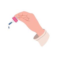 hand- houdt druppelaar of pipet met essentieel olie of gelaats serum, vlak vector illustratie geïsoleerd Aan wit achtergrond. huid zorg routine- concept.