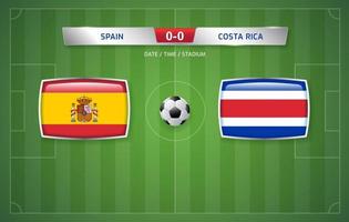 Spanje vs costa rica scorebord uitzending sjabloon voor sport voetbal toernooi 2022 en Amerikaans voetbal kampioenschap vector illustratie