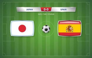 Japan vs Spanje scorebord uitzending sjabloon voor sport voetbal toernooi 2022 en Amerikaans voetbal kampioenschap vector illustratie