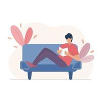 Mens zittend Aan een sofa en lezing een boek. vector en illustratie.