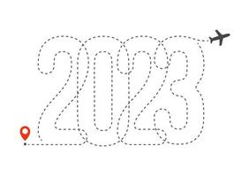 2023 getallen vliegtuig route voor reizigers. evenement poster, groet kaart omslag, 2023 kalender ontwerp, uitnodiging naar vieren nieuw jaar en kerstmis. vector illustratie.