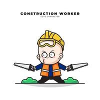schattig tekenfilm karakter van baby bouw arbeider was draag- twee zagen in zijn handen vector