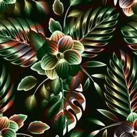 groen licht tropisch monstera planten en palm gebladerte naadloos patroon Aan nacht achtergrond. bloemen patroon. natuur decoratief. tropisch behang. oerwoud achtergrond patroon. exotisch zomer ontwerp vector