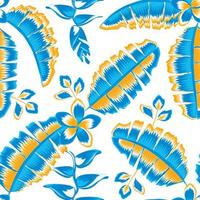 blauw banaan bladeren naadloos patroon met oranje kleur combinatie en frangipani bloemen, heliconia tropisch planten in een mooi kader voor shirt. exotisch zomer ontwerp. bloemen achtergrond. natuur vector