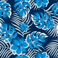 gloeiend planten Aan de donker achtergrond met blauw palm bladeren, monstera blad en jasmijn bloemen tropisch naadloos patroon in de mode. zomer vector ontwerp. exotisch tropen behang. tropisch structuur