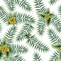 groen varen blad tropisch naadloos patroon planten met geel abstract bloem Aan wit achtergrond. zomer tropisch getextureerd. bloemen behang. naadloos vector ontwerp. modieus kunst. natuur behang