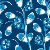 blauw monochromatisch kleur bloemen planten bladeren en abstract bloemen tropisch naadloos patroon Aan donker achtergrond. decoratief getextureerd. bloemen behang. exotisch zomer. natuur behang vector