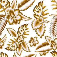 goud elegantie tropisch naadloos patroon met jasmijn bloem, banaan blad en varen bladeren planten vector ontwerp. bloemen achtergrond. exotisch tropen zomer. natuur behang. afdrukken textuur. natuur decor