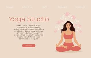 yoga studio vector spandoek. de meisje zit in de lotus positie. vector illustratie in vlak stijl