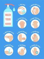 hand wassen stappen infographic, ingesteld op blauwe achtergrond vector