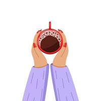 Dames handen houden een kop van koffie. top visie. vector illustratie.
