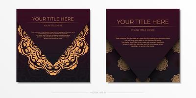 luxueus bordeaux kleur ansichtkaart sjabloon met wijnoogst ornament. drukklare uitnodiging ontwerp met mandala patronen. vector